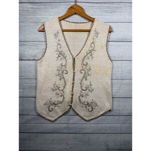 Vintage Women's Medium Cream Floral Embroidered Sequin Pearl Sweater Vest 4410